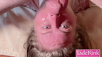 Fishnet submissive gags on cock while tongue deep in boyfriend's asshole