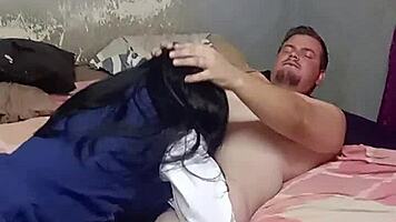 that super skinny black schoolgirl slurps on older dude's thick cock like crazy