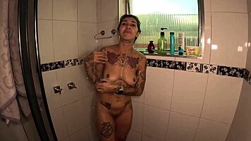 tattooed brazilian latina gets wildly wet in first time mansion photoshoot barefoot shower