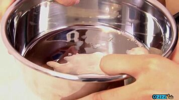 bitch blowbang drinks cum glass deepthroat puffy clit