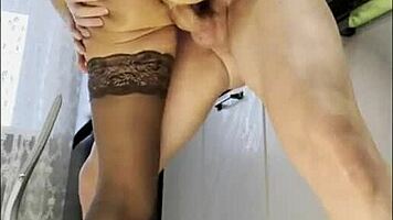 stepmom's swollen pussy squirts from huge cock creampie close-up