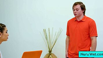 oh wow pigtailed blonde masseuse rubs naked on horny client!