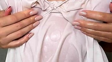 oiled slutty big tits bounce in titfuck ending with messy cumshot explosion