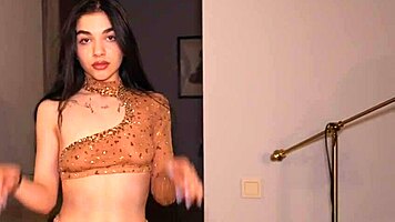 Brunette In Gold Takes Big Cock Doggystyle And Rides Wild