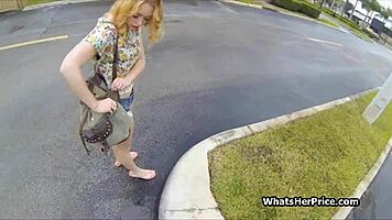 blonde teen bends over outdoors for cash