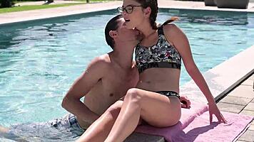 Brunette babe bent over for wet anal double penetration pool party cumshot