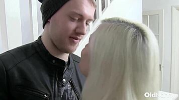 Blonde granny blows young stud then fucks hard! 🔥💦