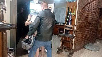 Biker pounds blonde babe's wet pussy against kitchen fridge