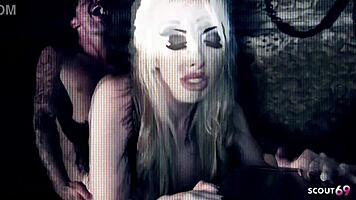fit blonde with perfect tits dominated hard in dungeon cum on belly