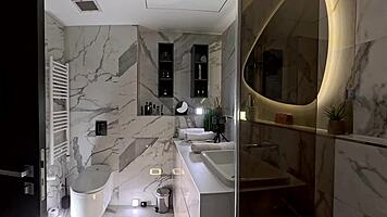 Tall Horny Brunette Secretary Poses Legs Spread In Bathroom Glasses