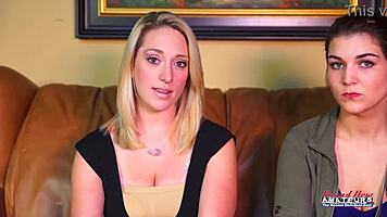 Curvy Vicky and Jennifer coeds gag on shared dick