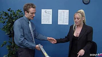 hey new co-worker blonde boss in lingerie seduces for risky office cowgirl ride.