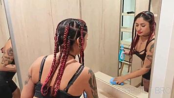 TIPPING Hot Latina CLEANER to STRIP NAKED Deepthroat Big Cock Cowgirl Ride Cum Swallow