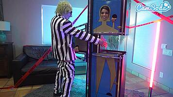 i couldn't resist joining the beetlejuice cosplay threesome with wednesday addams and busty milf