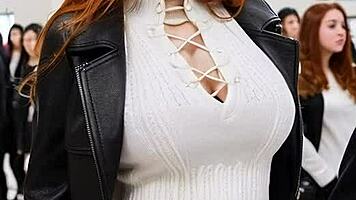 out of the friendzone: redhead in leather gives bukkake blowbang joi