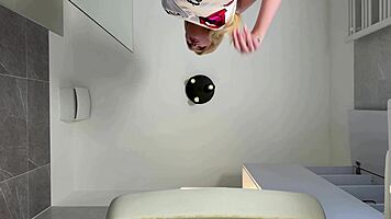 super hot blonde college coed strips satin nightie in bathroom teasing her curves