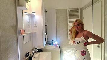 super hot blonde college coed strips satin nightie in bathroom teasing her curves