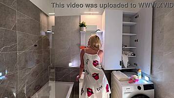 super hot blonde college coed strips satin nightie in bathroom teasing her curves