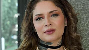 Petite tattooed brunette roughly facefucked by massive bbc