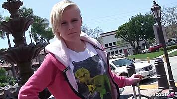 😏 Petite blonde teen with big clit picked up for sloppy older fuck!