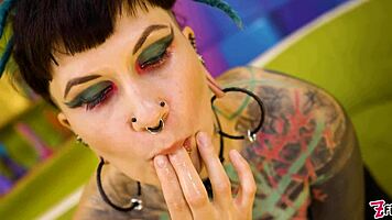 Goth queen teases pierced nips then drips thick facial cum 😈💦