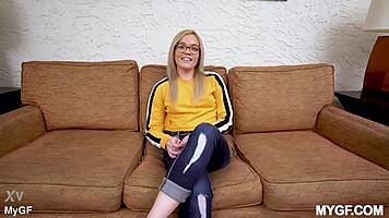 Blonde katie kush roughly deepthroats shaved pussy rides to creampie in POV missionary