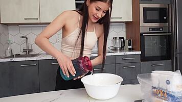 Kitchen cooking leads to rough anal riding and passionate rimjob