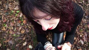 Pregnant italian babe with huge natural tits drags you to forest for sloppy lipstick blowjob and cum mouthful