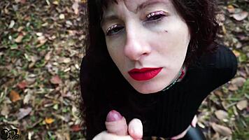 Pregnant italian babe with huge natural tits drags you to forest for sloppy lipstick blowjob and cum mouthful