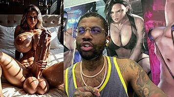 Blindfolded Trans Ebony Bursts Cum on Huge Pierced Cock