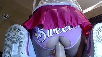 Latin tranny teen gapes ass wide with massive toys