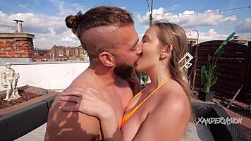candy alexa in orange bikini spits and drains xander's huge cock