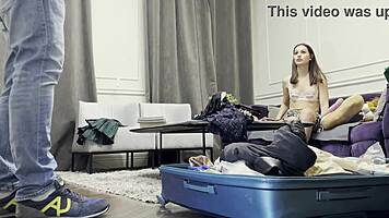 hot brunette teases big cock ignores him for teasing handjob