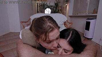 Wife Guides College Coed in Deep Double Blowjob on Husband's Cock