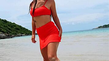 hey neighbor wanna watch this bikini beauty flash her tanned petite body on the beach?