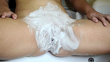 Shaving Her Extremely Hairy Pussy Smooth with Trimmer and Razor