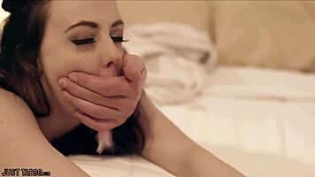Petite brunette beauty urgently begs handsome older stud to ravage her now