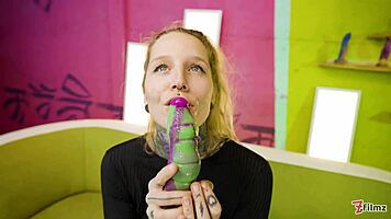 Alt blonde tattoo slut destroys pussy with huge crazy dildos