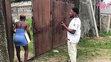 sexy ebony petite girlfriend bends wet pussy over for delivery boy's big cock creampie