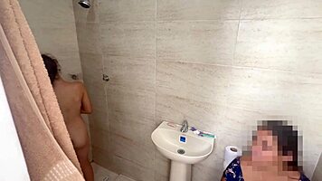 skinny petite 18+ milf moans in hot lesbian shower sex licking to wild orgasm