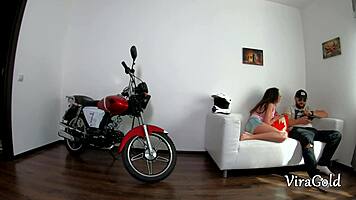 Slim brunette motorcyclist sucks cock then takes deep anal creampie