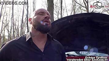 german brunette pays mechanic with sloppy outdoor car blowjob