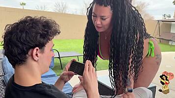busty brunette interrupts game day with curvy teasing distraction