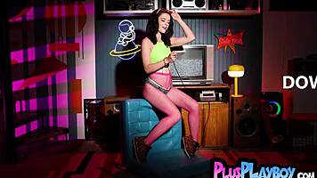 neon lights glow as petite small tits teen poses naked in lingerie