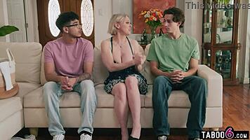 Gilf with huge boobs fucks two young studs hard