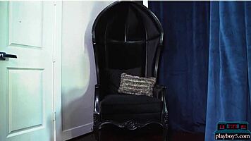 Tiny blonde Playboy model Ria Rose strips nude exposing shaved pussy