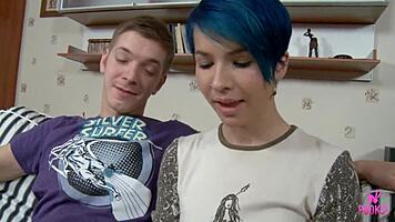 slim blue haired brunette aster v bends over spreading ass for deep doggystyle cock pounding 💦🍆😩