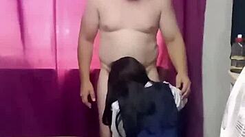 petite 18 year old kneels sucking big cock before tight pussy doggystyle pounding