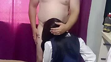 petite 18 year old kneels sucking big cock before tight pussy doggystyle pounding