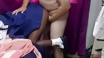 petite 18 year old kneels sucking big cock before tight pussy doggystyle pounding